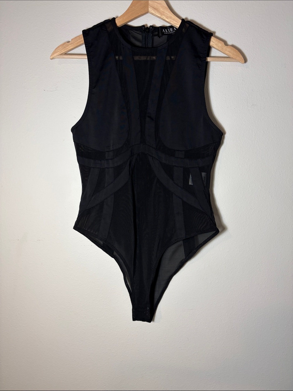 AKIRA Black Mesh-Panel Bodysuit with Sheer Insets